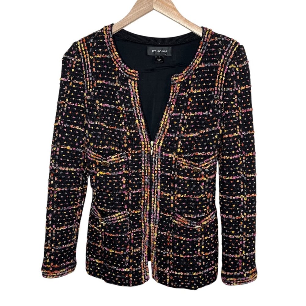 St. John Womens Tweed Knit Multicolor Blazer Jacket Front Pockets  Size 2